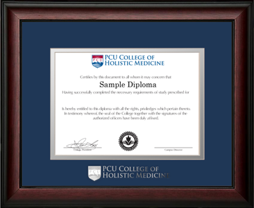 Satin mahogany wooden diploma frame with double matting and silver embossed logo